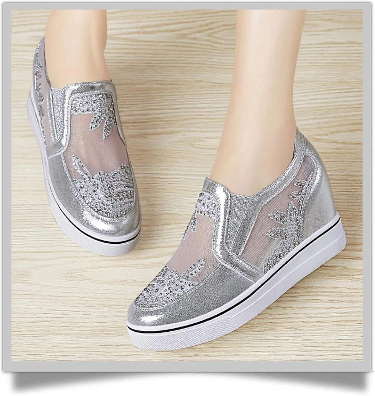 HINDOLA Women's Wedge Sneakers Platform High Heel Mesh Breathable Shoes Fashion Rhinestone Walking Shoes