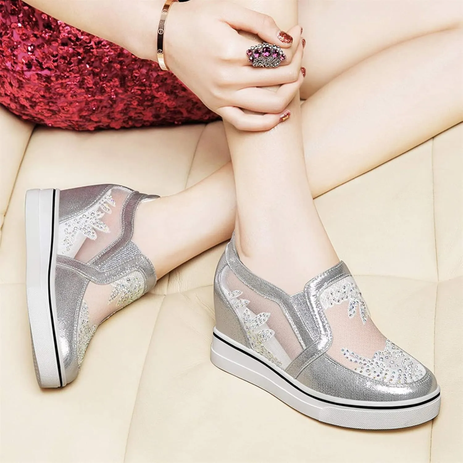 HINDOLA Women's Wedge Sneakers Platform High Heel Mesh Breathable Shoes Fashion Rhinestone Walking Shoes