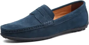 HOOENG Driving Moccasins Loafer Shoes for Men Genuine Leather Round Toe Stitching Details Suede Vamp Rubber Sole Penny Loafer Lightweight Anti-Slip Outdoor