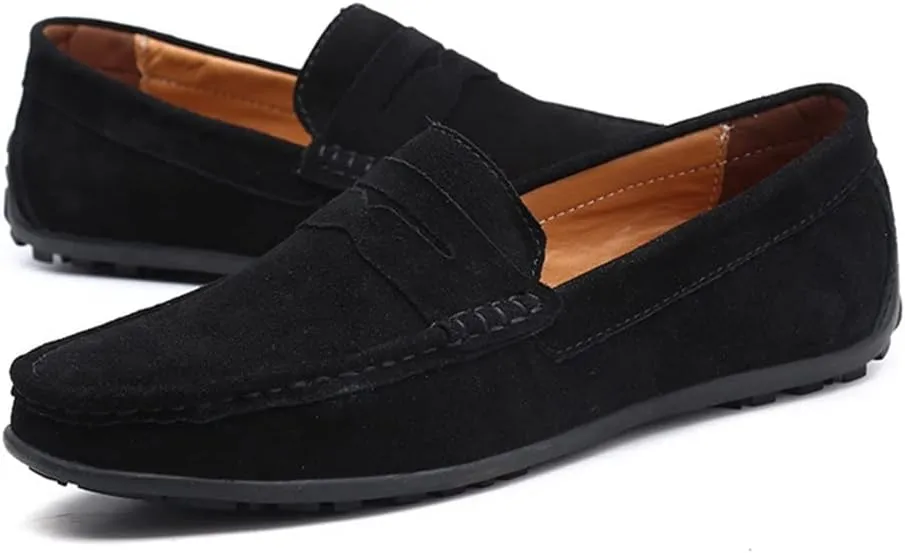 HOOENG Driving Moccasins Loafer Shoes for Men Genuine Leather Round Toe Stitching Details Suede Vamp Rubber Sole Penny Loafer Lightweight Anti-Slip Outdoor