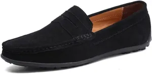 HOOENG Driving Moccasins Loafer Shoes for Men Genuine Leather Round Toe Stitching Details Suede Vamp Rubber Sole Penny Loafer Lightweight Anti-Slip Outdoor