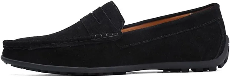 HOOENG Driving Moccasins Loafer Shoes for Men Genuine Leather Round Toe Stitching Details Suede Vamp Rubber Sole Penny Loafer Lightweight Anti-Slip Outdoor