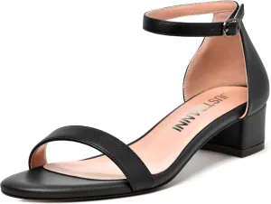 JUSTDANNI Womens Bridal Matte Dress Buckle Ankle Strap Round Toe One Strap Chunky Low Heel Heeled Sandals 1.5 Inch