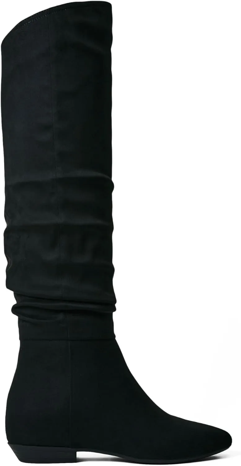JustFab Women's Pointed Toe Tall Chunky Heel Knee High Fashion Boots - ISSEY