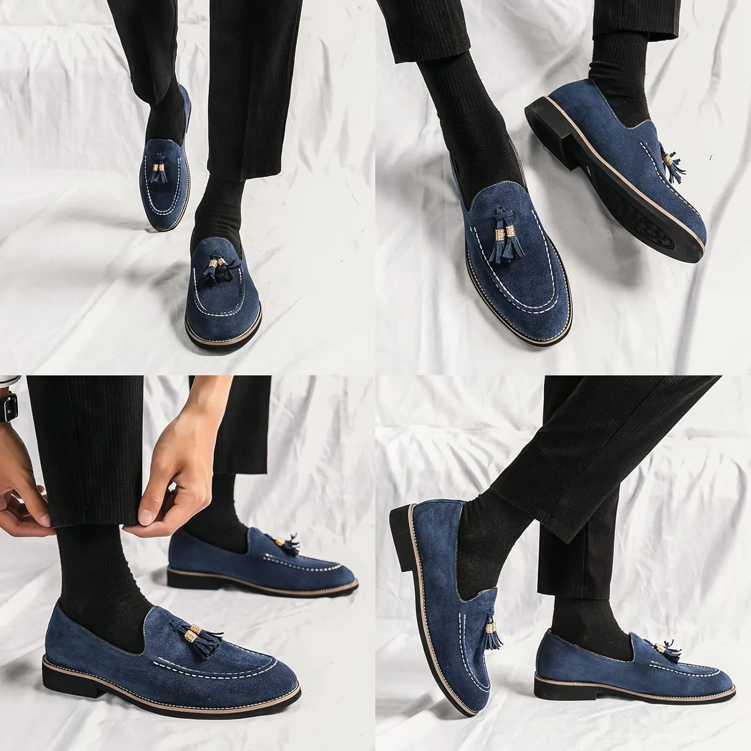 KCTRFSJ Men's Suede Tassels Casual Loafers,Handmade Slip-On Moccasins Driving Shoes,Comfortable Non-Slip Business Driving Shoes