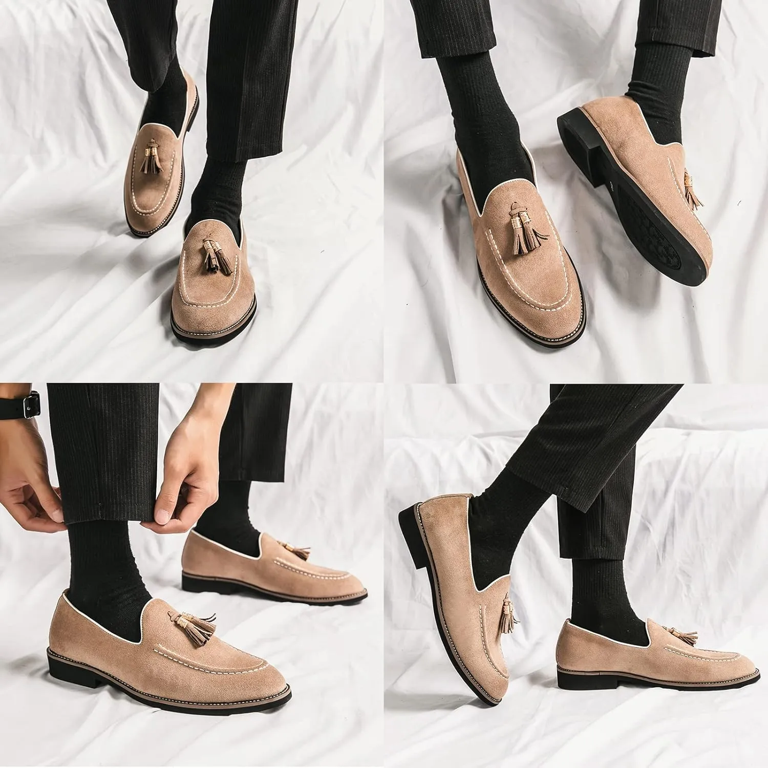 KCTRFSJ Men's Suede Tassels Casual Loafers,Handmade Slip-On Moccasins Driving Shoes,Comfortable Non-Slip Business Driving Shoes