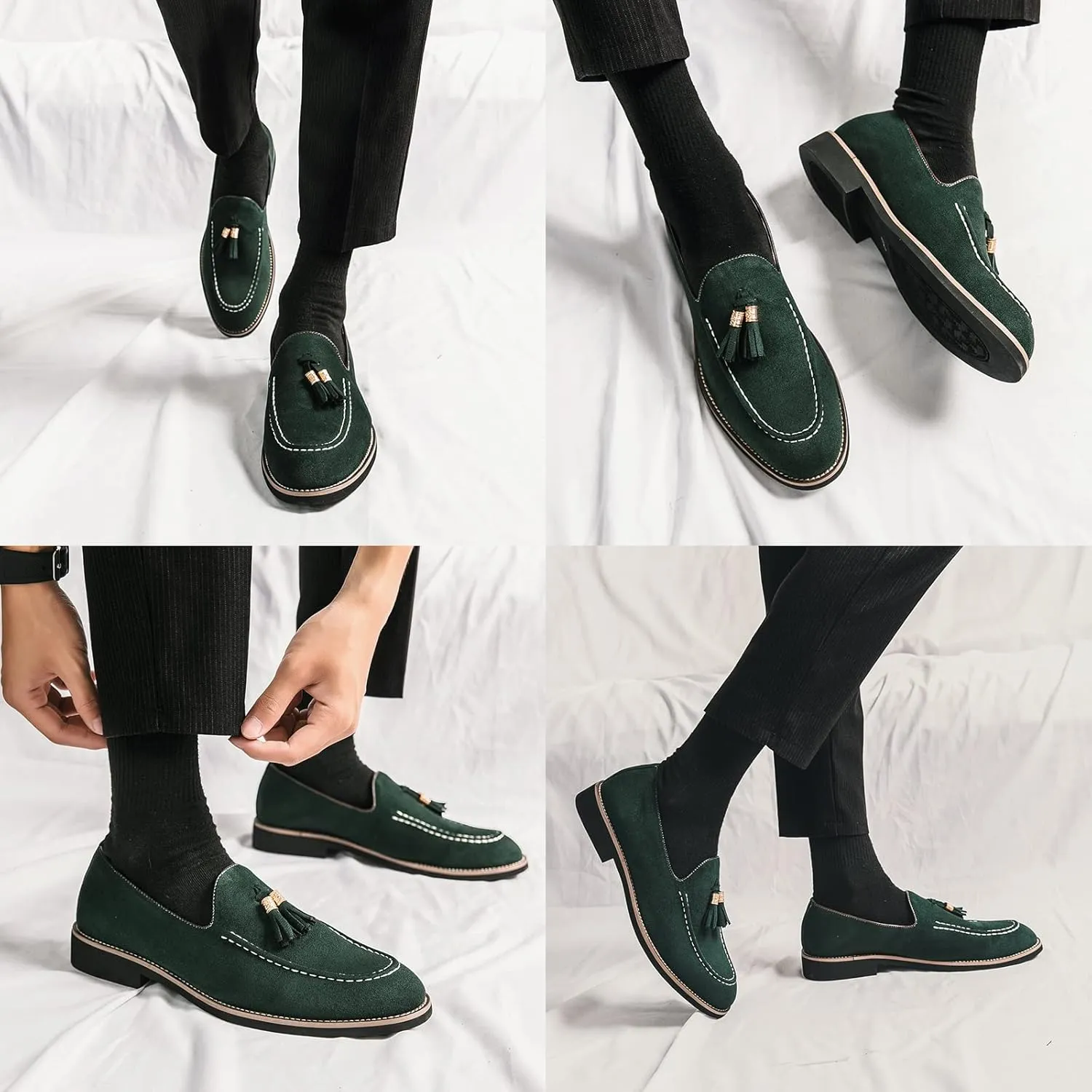 KCTRFSJ Men's Suede Tassels Casual Loafers,Handmade Slip-On Moccasins Driving Shoes,Comfortable Non-Slip Business Driving Shoes