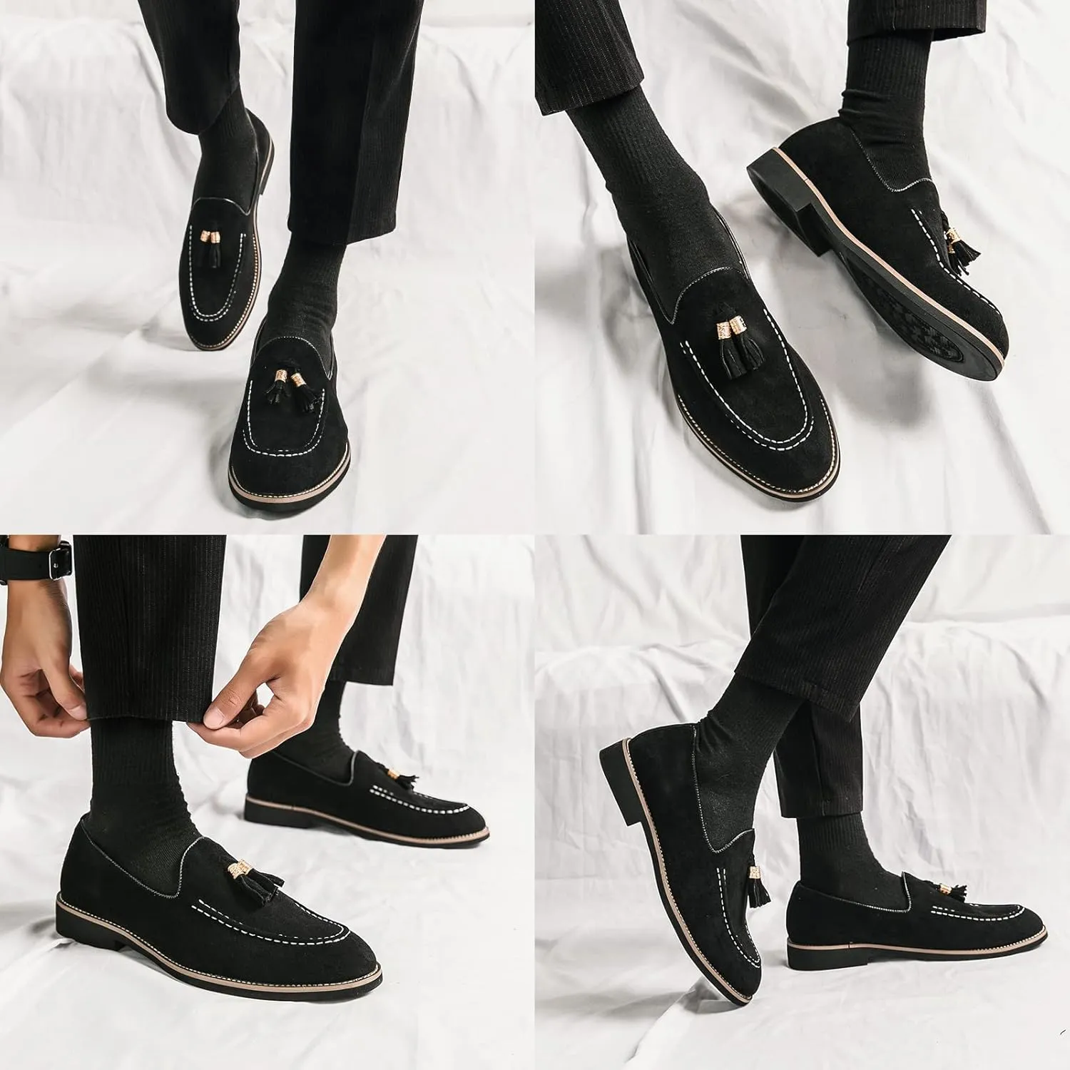 KCTRFSJ Men's Suede Tassels Casual Loafers,Handmade Slip-On Moccasins Driving Shoes,Comfortable Non-Slip Business Driving Shoes