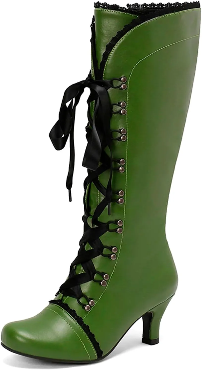 Knee High Boots Women Lace Goth Knee High Boots Lace up Knee Length Boots Punk Platform Tall Boots with Zipper