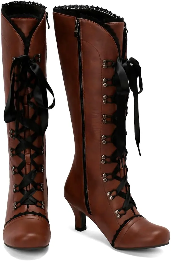 Knee High Boots Women Lace Goth Knee High Boots Lace up Knee Length Boots Punk Platform Tall Boots with Zipper