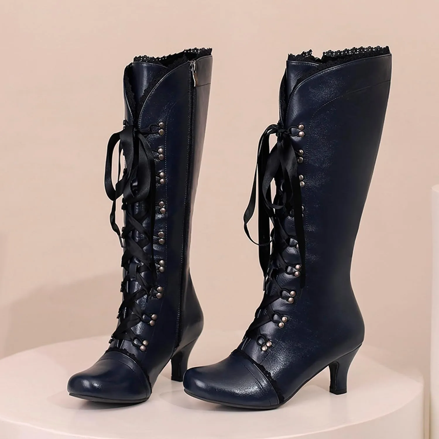 Knee High Boots Women Lace Goth Knee High Boots Lace up Knee Length Boots Punk Platform Tall Boots with Zipper