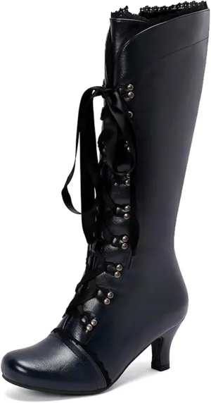 Knee High Boots Women Lace Goth Knee High Boots Lace up Knee Length Boots Punk Platform Tall Boots with Zipper