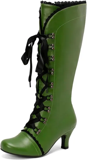 Knee High Boots Women Lace Goth Knee High Boots Lace up Knee Length Boots Punk Platform Tall Boots with Zipper
