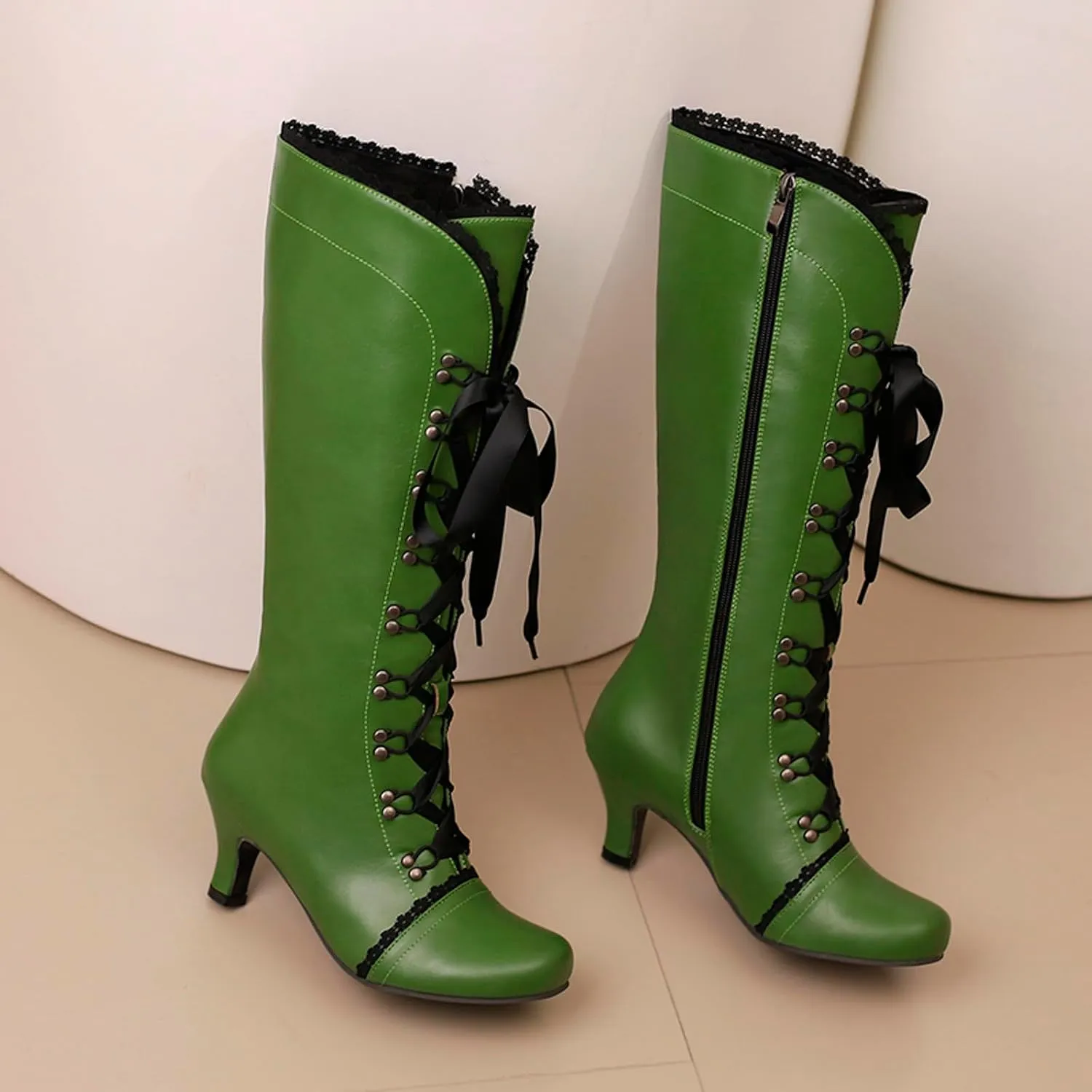 Knee High Boots Women Lace Goth Knee High Boots Lace up Knee Length Boots Punk Platform Tall Boots with Zipper