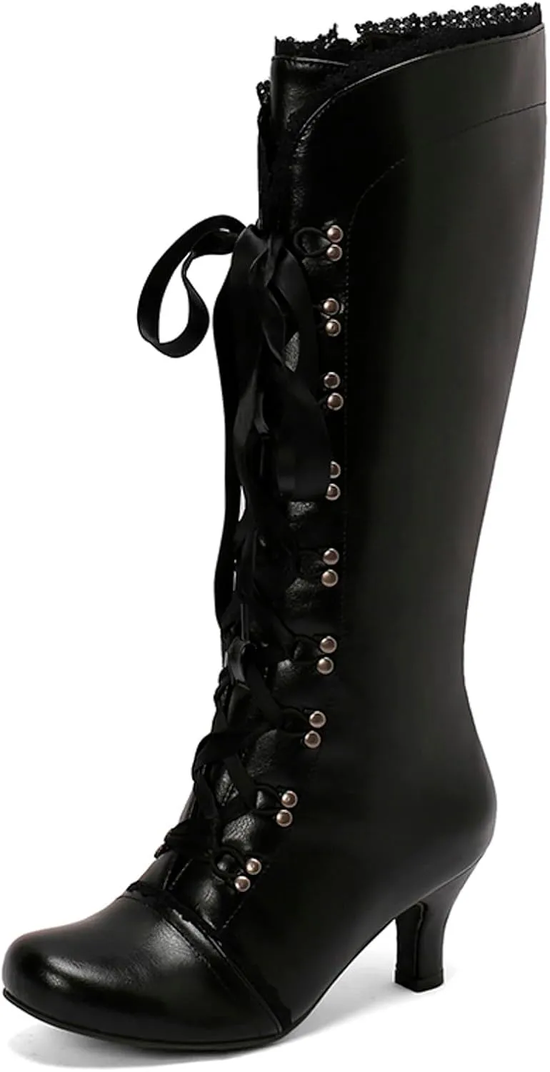 Knee High Boots Women Lace Goth Knee High Boots Lace up Knee Length Boots Punk Platform Tall Boots with Zipper
