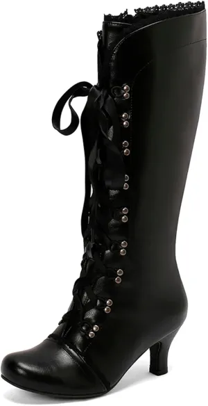 Knee High Boots Women Lace Goth Knee High Boots Lace up Knee Length Boots Punk Platform Tall Boots with Zipper