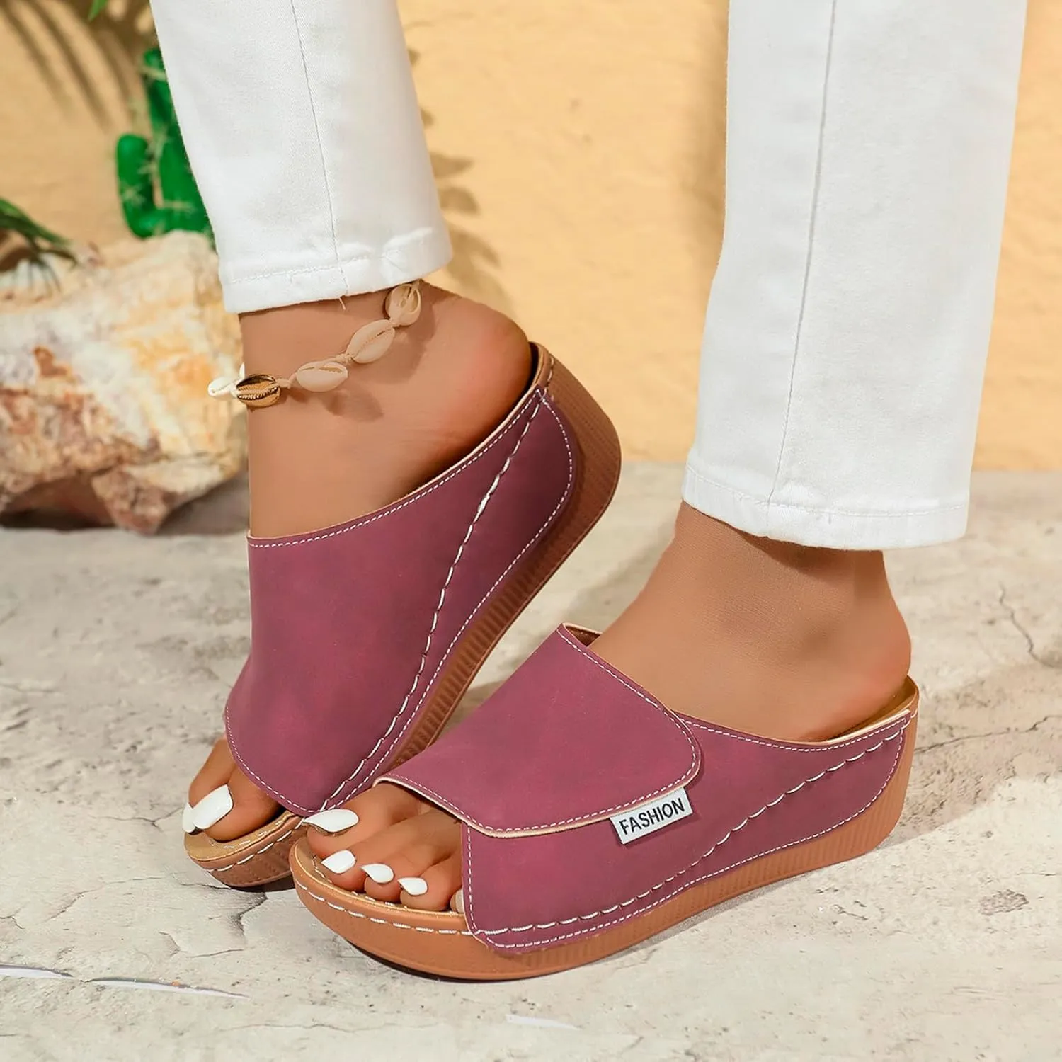 Ladies Fashion Solid Color Leather Exposed Toe Thick Sole Casual Sandals And Slippers Sandals Summer for Women