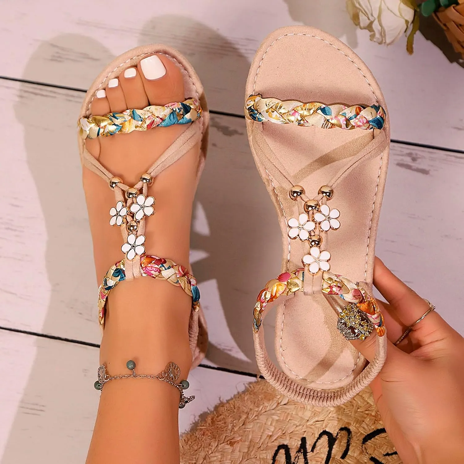 Ladies' Shoes Flat Bottomed Bohemian Style Fashionable Beach Slippers Elastic Band Sandals Dress Shoes