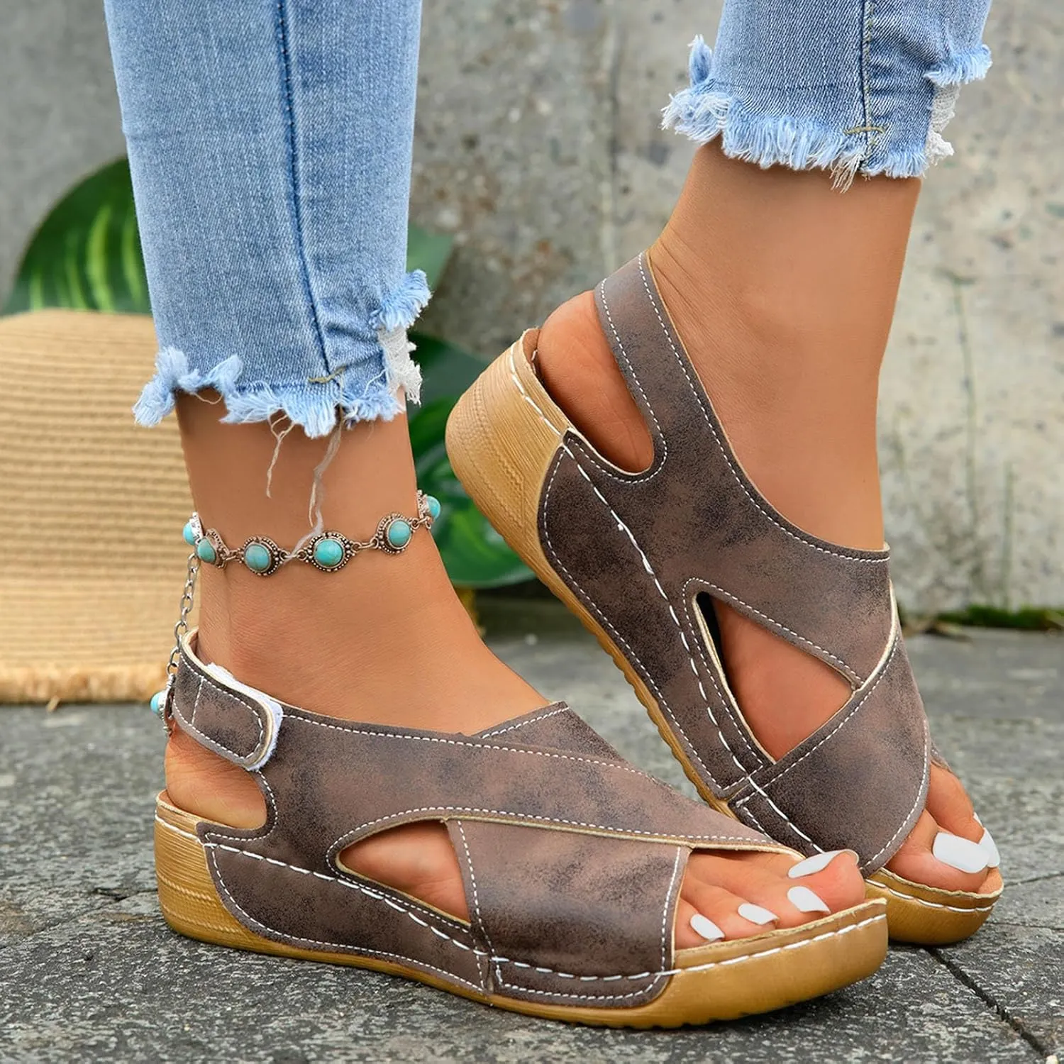 Ladies Summer Solid Color Leather Slope Heel Thick Bottom Large Size Fish Mouth Sandals Shoes for Boys with Straps