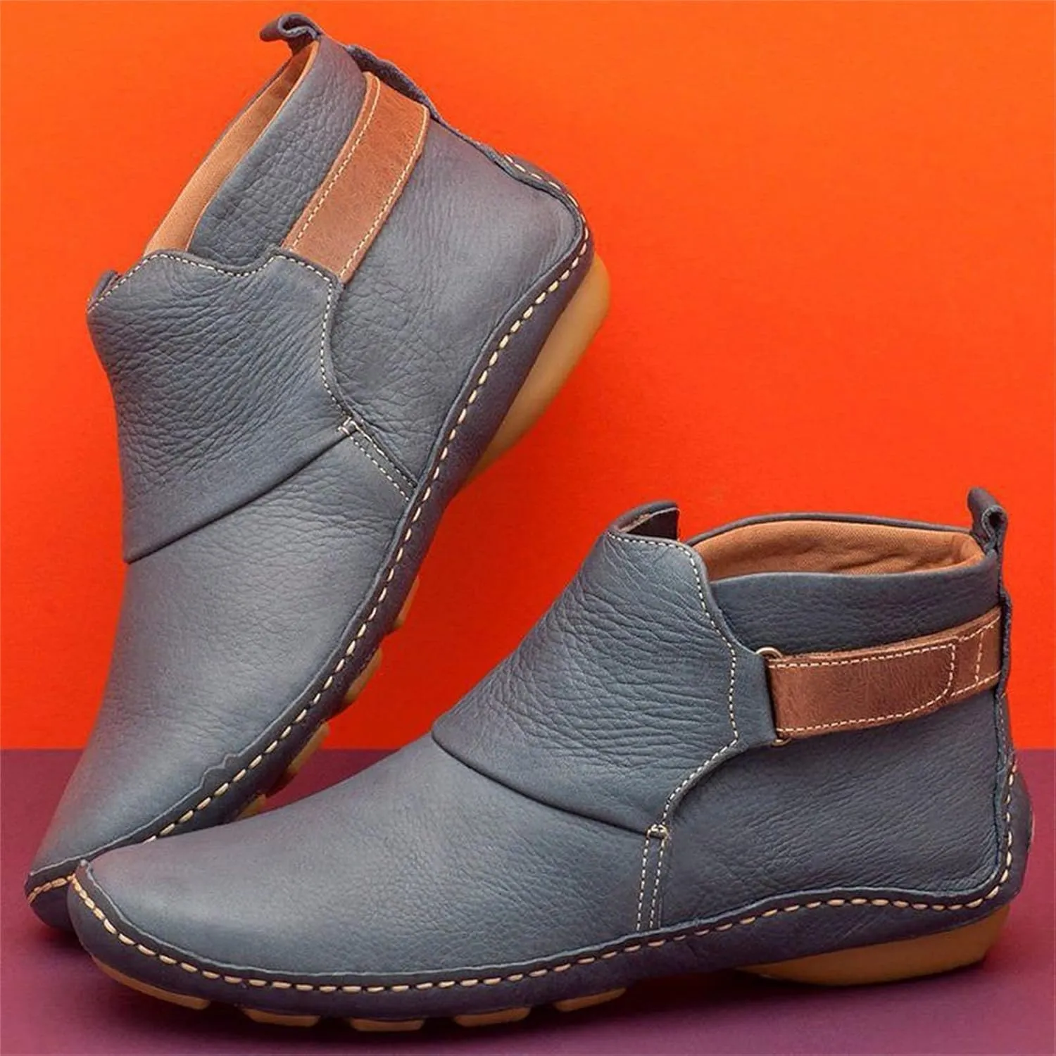 Lausiuoe Ankle Boots For Women No Heel Casual Dressy Fashion Short Boots Side Zipper Western Flat Shoes Boot Pull-On