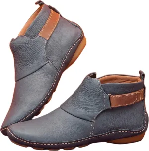 Lausiuoe Ankle Boots For Women No Heel Casual Dressy Fashion Short Boots Side Zipper Western Flat Shoes Boot Pull-On