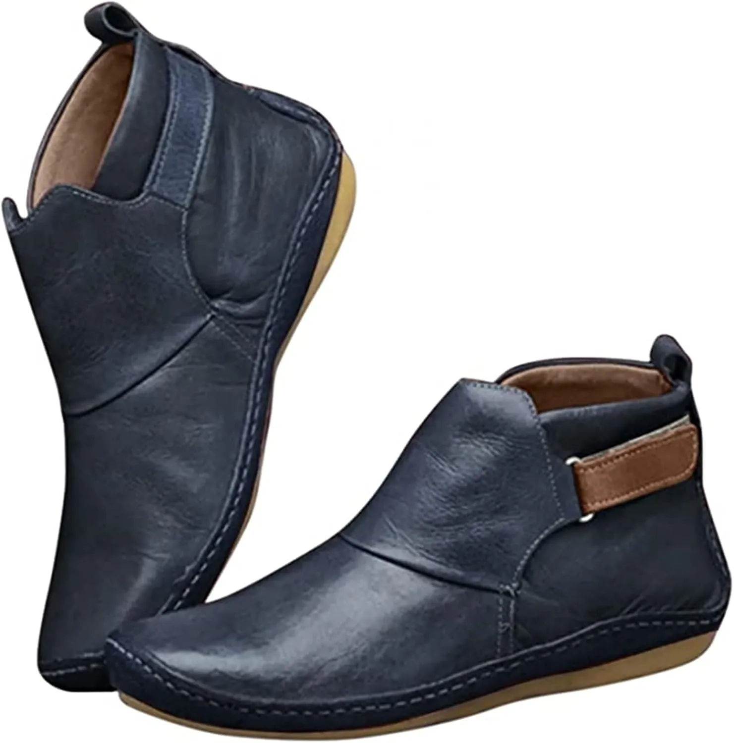 Lausiuoe Ankle Boots For Women No Heel Casual Dressy Fashion Short Boots Side Zipper Western Flat Shoes Boot Pull-On