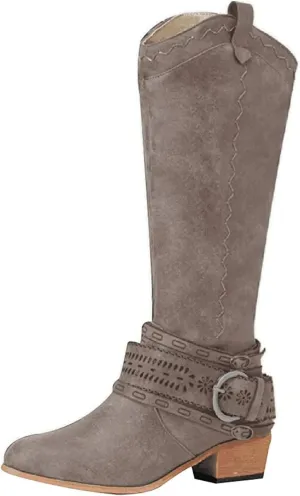 Lausiuoe Boots For Women Knee High Low Heel Embroidered Modern Western Cowboy Cowgirl Style Wide Calf Chunky Booties