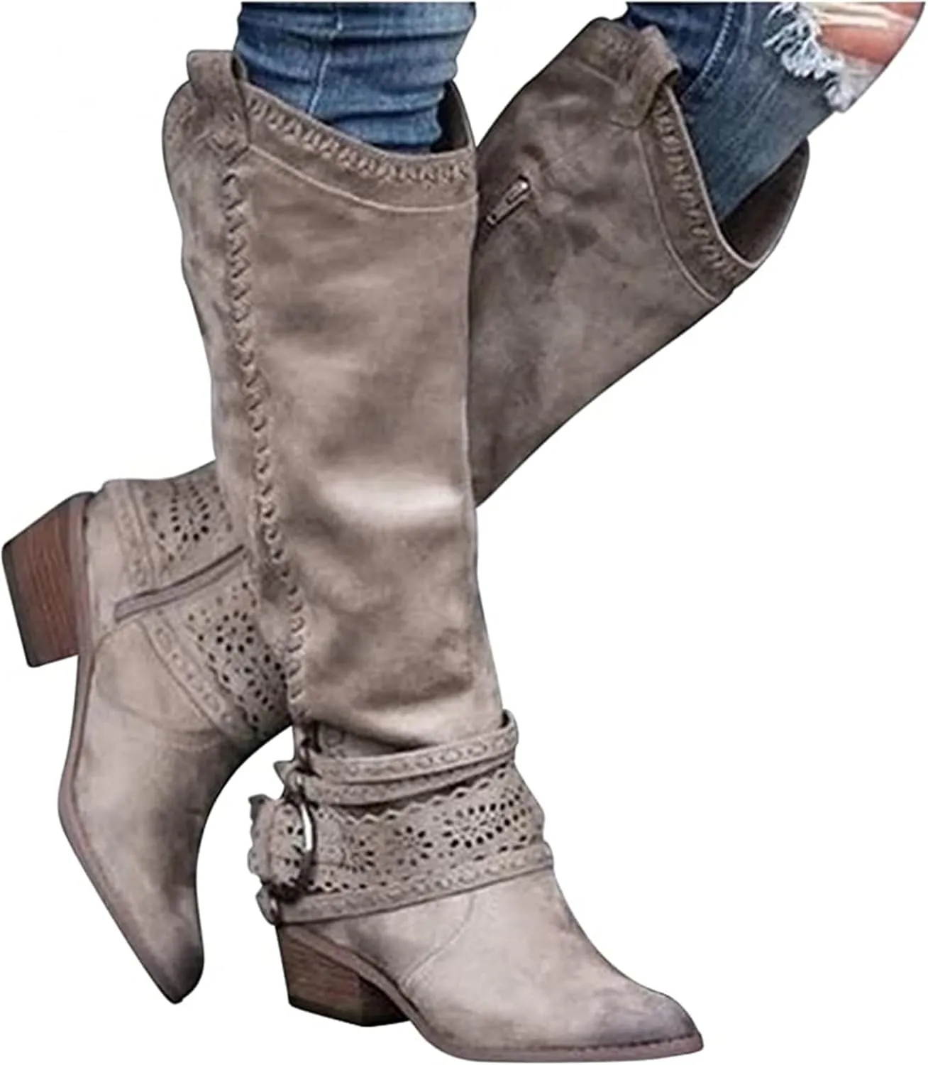 Lausiuoe Boots For Women Knee High Low Heel Embroidered Modern Western Cowboy Cowgirl Style Wide Calf Chunky Booties