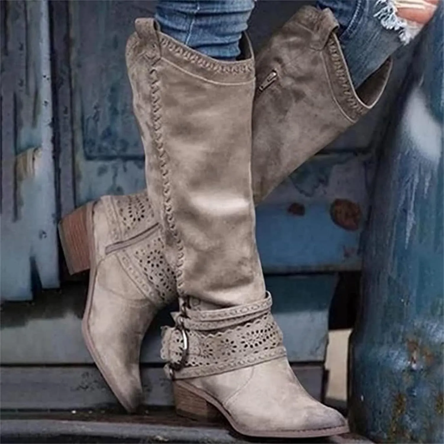 Lausiuoe Boots For Women Knee High Low Heel Embroidered Modern Western Cowboy Cowgirl Style Wide Calf Chunky Booties