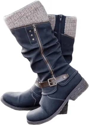 Lausiuoe Boots For Women Low Heel Mid Calf Platform Chunky Round-Toe Side Zip Wide Calf Western Winter Non Slip Outdoor Shoes