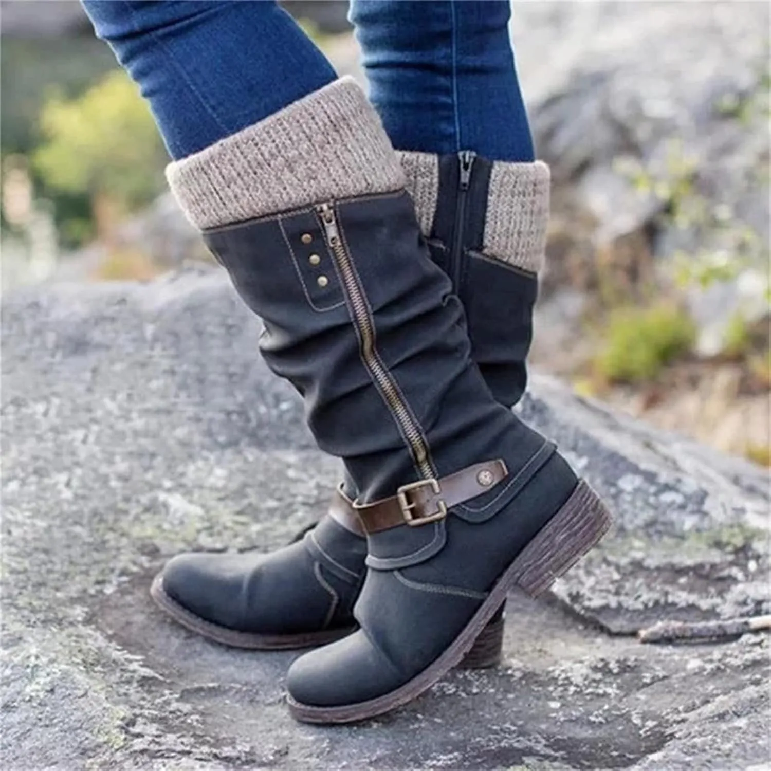 Lausiuoe Boots For Women Low Heel Mid Calf Platform Chunky Round-Toe Side Zip Wide Calf Western Winter Non Slip Outdoor Shoes