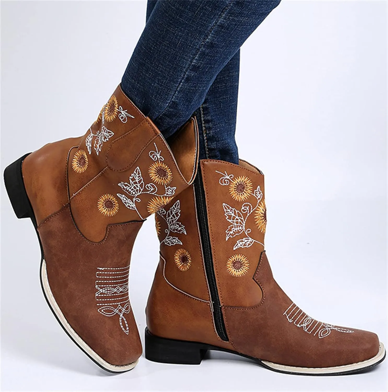 Lausiuoe Cowboy Boots For Women Leather Embroidered Sunflower Western Cowgirl Knee High Wide Calf Fashion Chunky Booties