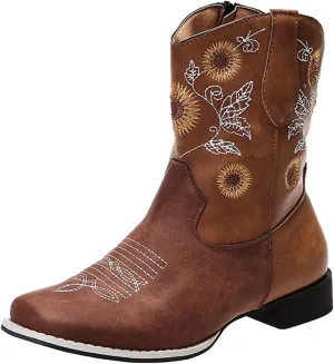Lausiuoe Cowboy Boots For Women Leather Embroidered Sunflower Western Cowgirl Knee High Wide Calf Fashion Chunky Booties
