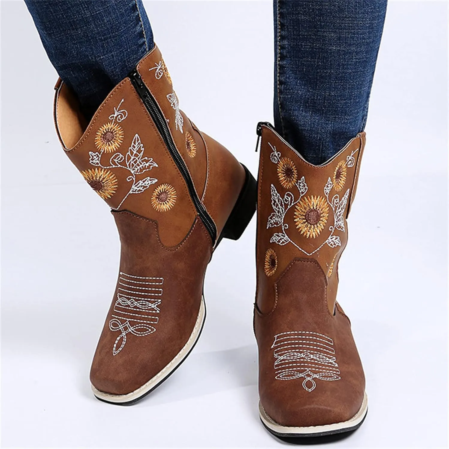 Lausiuoe Cowboy Boots For Women Leather Embroidered Sunflower Western Cowgirl Knee High Wide Calf Fashion Chunky Booties