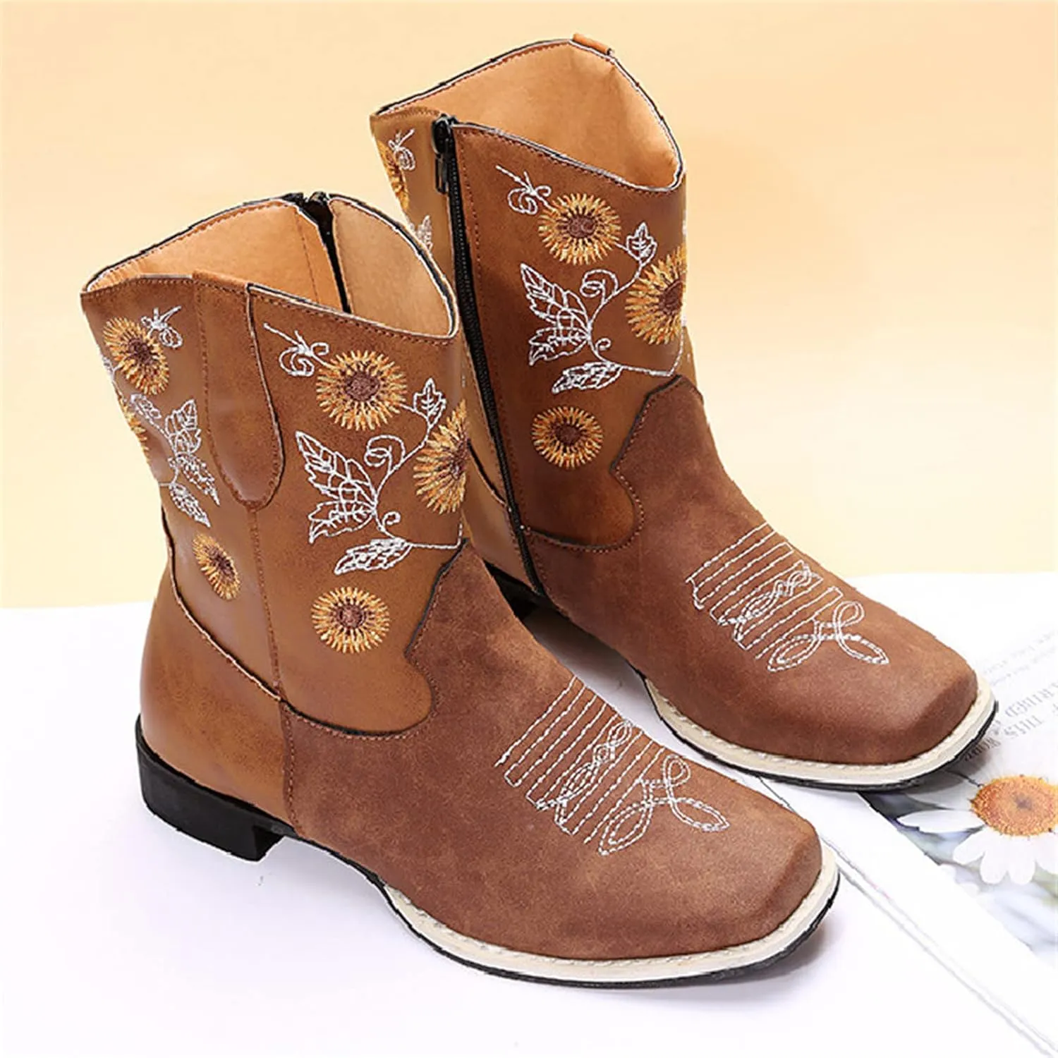 Lausiuoe Cowboy Boots For Women Leather Embroidered Sunflower Western Cowgirl Knee High Wide Calf Fashion Chunky Booties