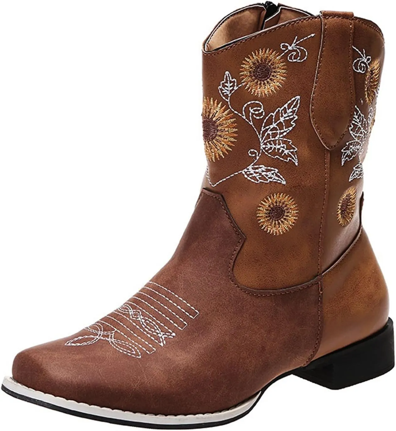 Lausiuoe Cowboy Boots For Women Leather Embroidered Sunflower Western Cowgirl Knee High Wide Calf Fashion Chunky Booties