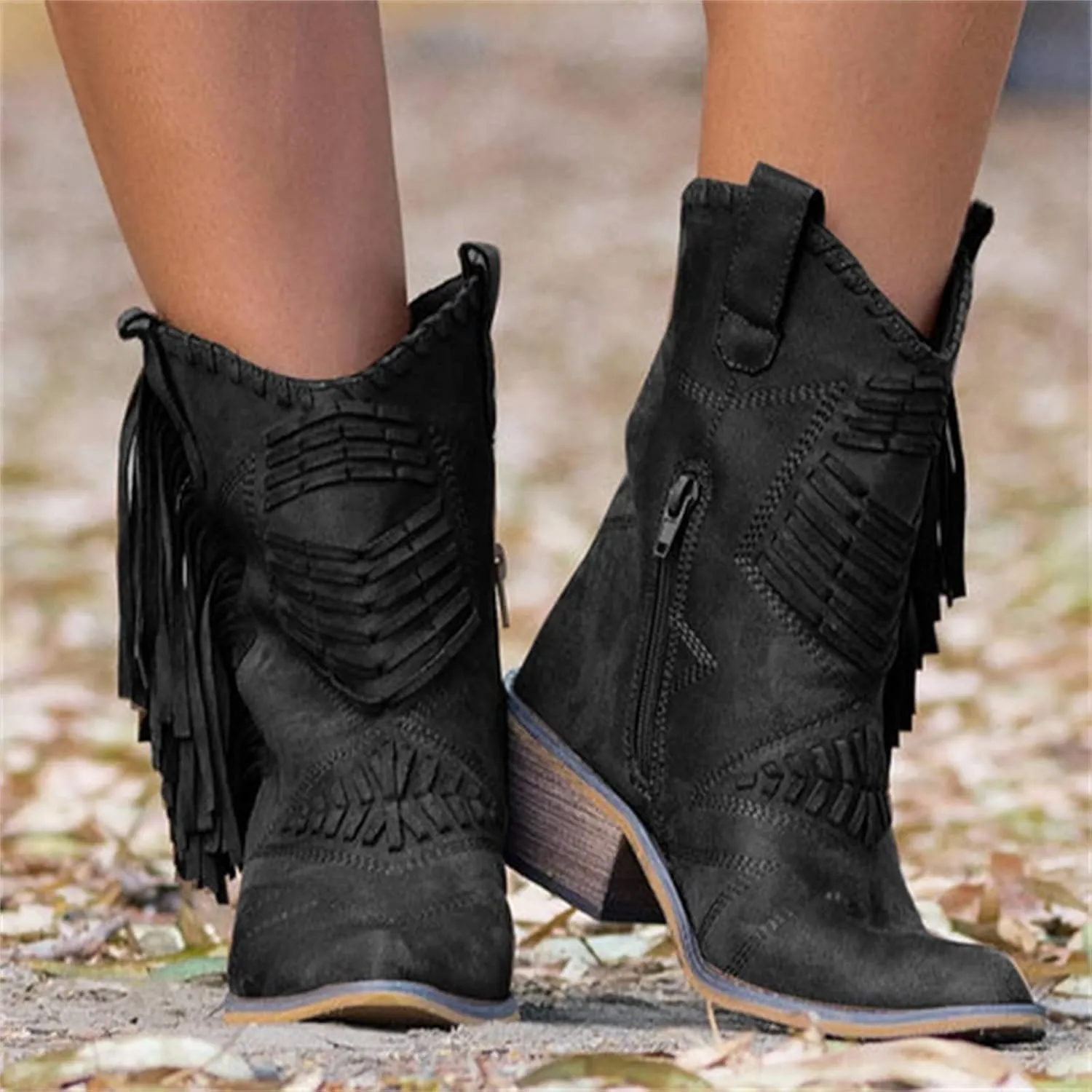 Lausiuoe Cowboy Boots For Women Short Fringe Western Cowgirl Ankle Boots Ladies Casual Dressy Wide Calf Booties Shoes