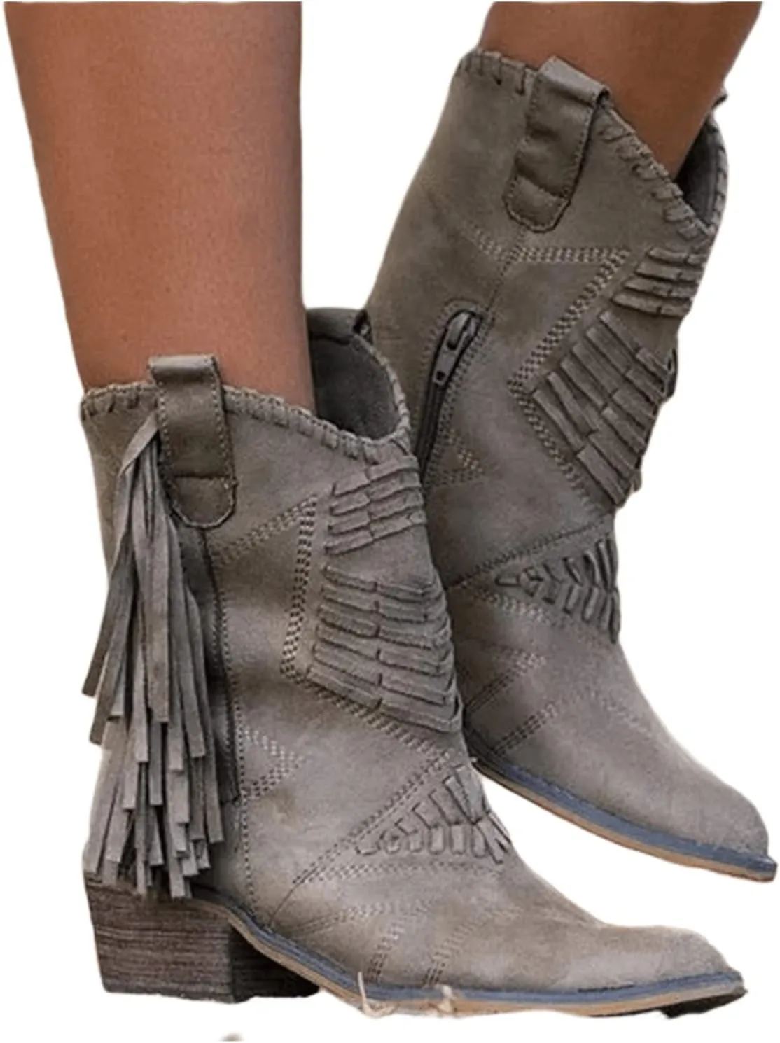 Lausiuoe Cowboy Boots For Women Short Fringe Western Cowgirl Ankle Boots Ladies Casual Dressy Wide Calf Booties Shoes
