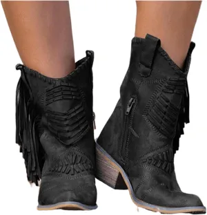 Lausiuoe Cowboy Boots For Women Short Fringe Western Cowgirl Ankle Boots Ladies Casual Dressy Wide Calf Booties Shoes