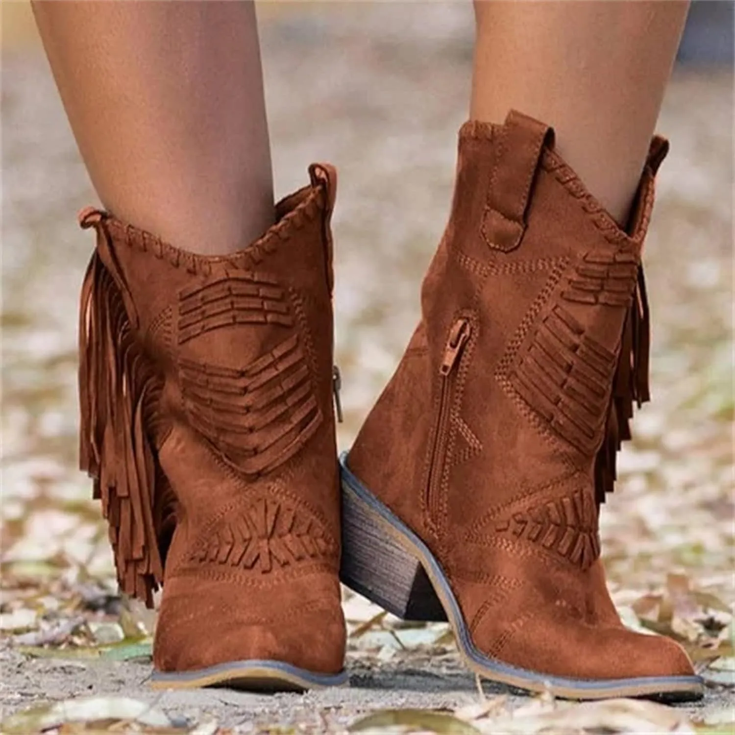 Lausiuoe Cowboy Boots For Women Short Fringe Western Cowgirl Ankle Boots Ladies Casual Dressy Wide Calf Booties Shoes