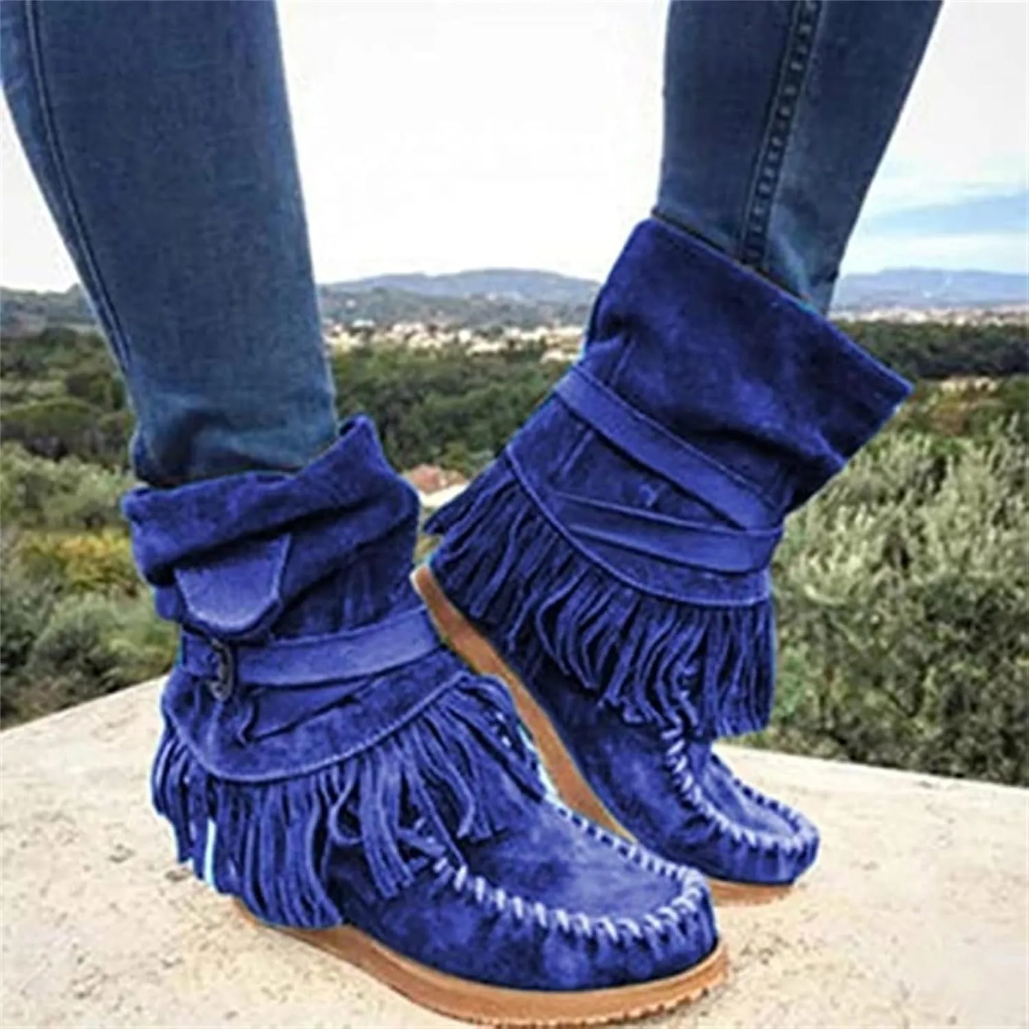 Lausiuoe Cowboy Boots For Women Short Fringe Western Cowgirl Boots Dressy Wide Calf Wide Width Ankle Boots Booties Shoes