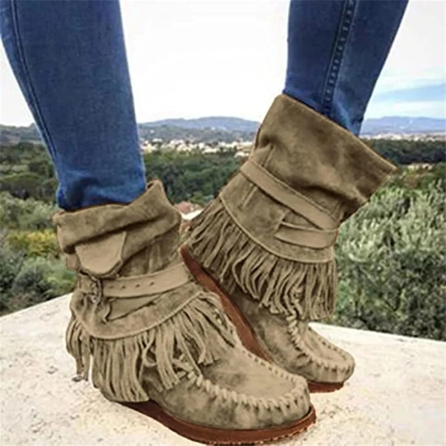 Lausiuoe Cowboy Boots For Women Short Fringe Western Cowgirl Boots Dressy Wide Calf Wide Width Ankle Boots Booties Shoes