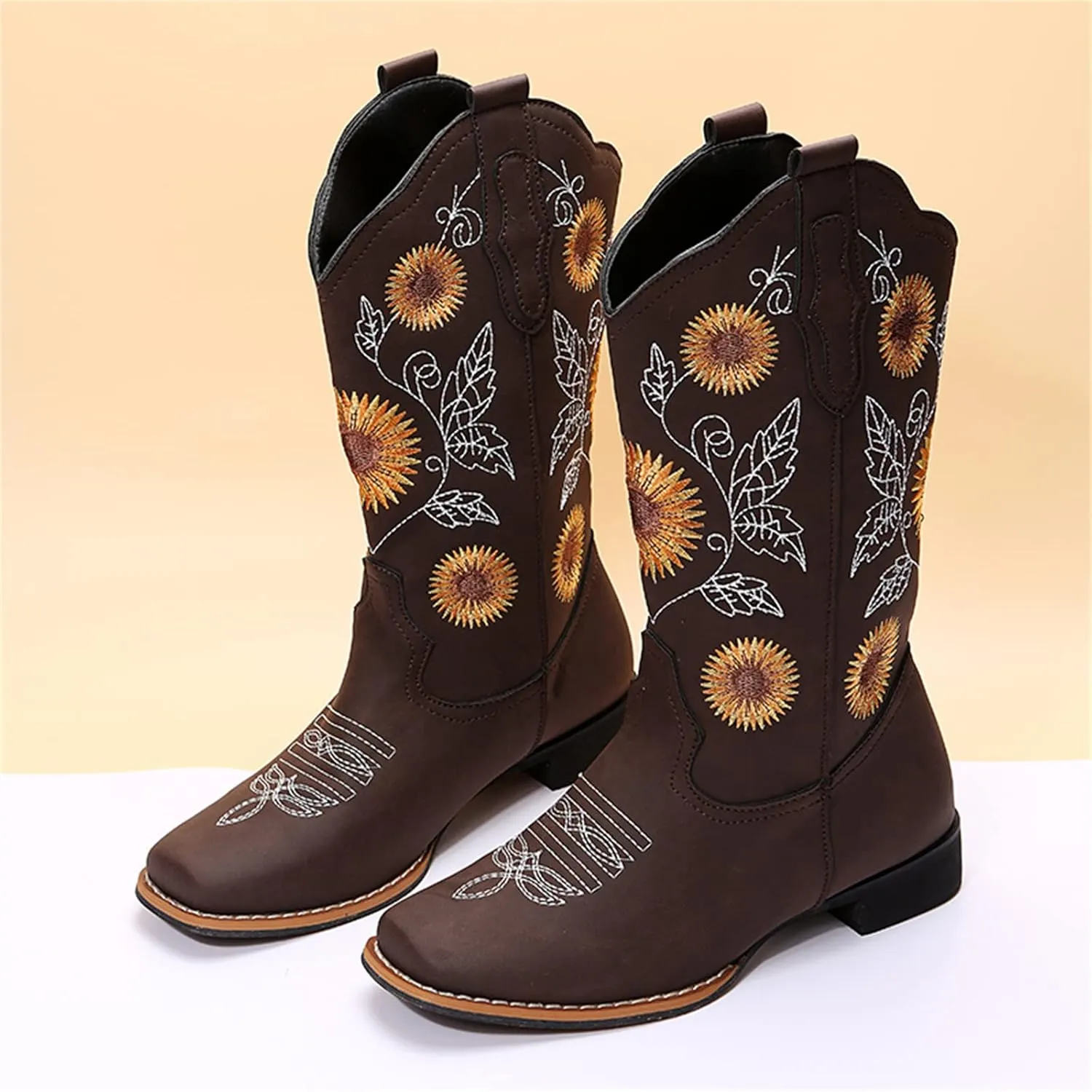 Lausiuoe Cowboy Boots For Women Wide Calf Leather Western Cowgirl Boots Knee High Embroidered Fashion Chunky Booties