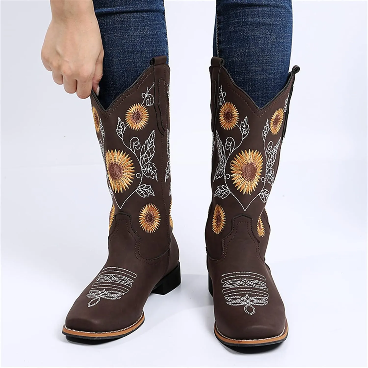 Lausiuoe Cowboy Boots For Women Wide Calf Leather Western Cowgirl Boots Knee High Embroidered Fashion Chunky Booties