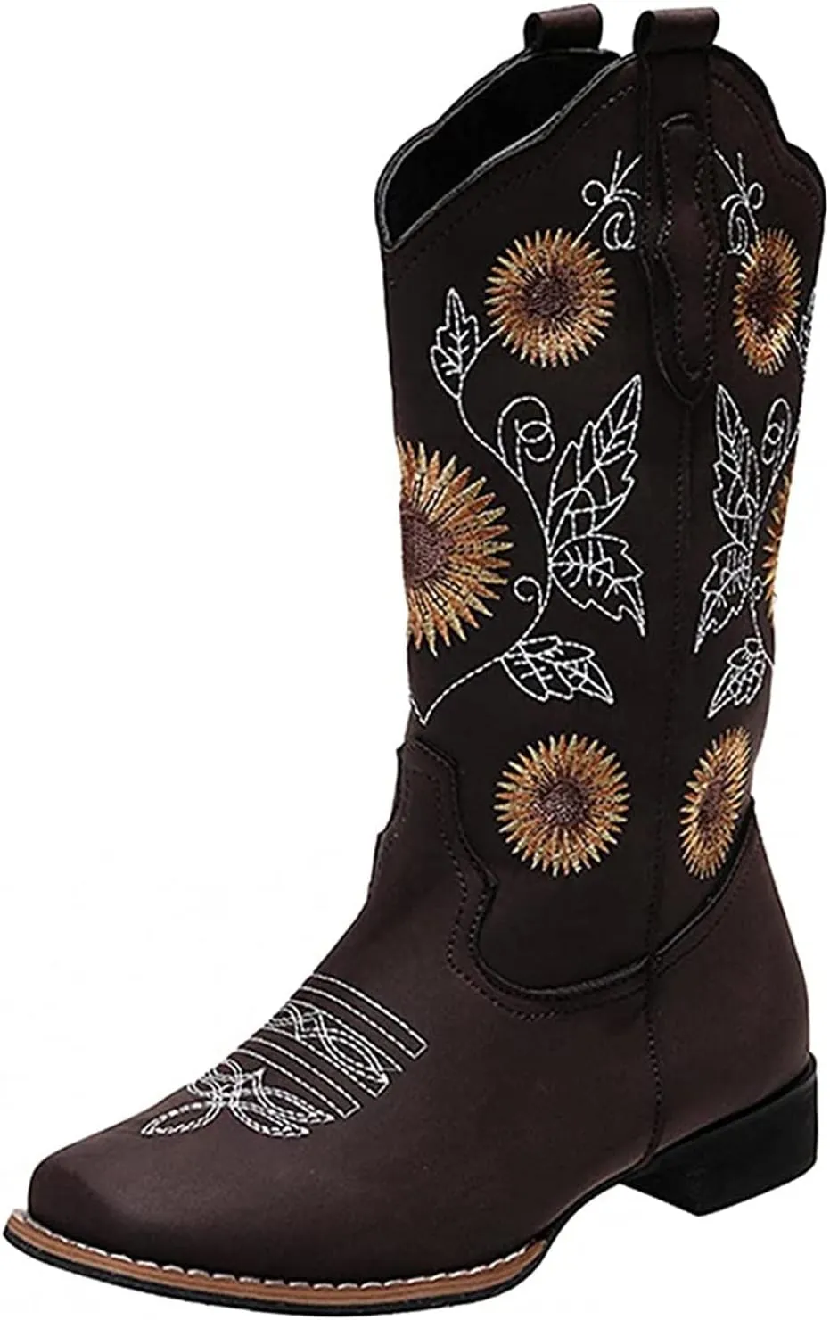Lausiuoe Cowboy Boots For Women Wide Calf Leather Western Cowgirl Boots Knee High Embroidered Fashion Chunky Booties