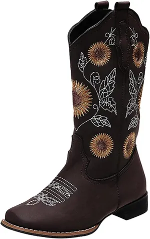 Lausiuoe Cowboy Boots For Women Wide Calf Leather Western Cowgirl Boots Knee High Embroidered Fashion Chunky Booties