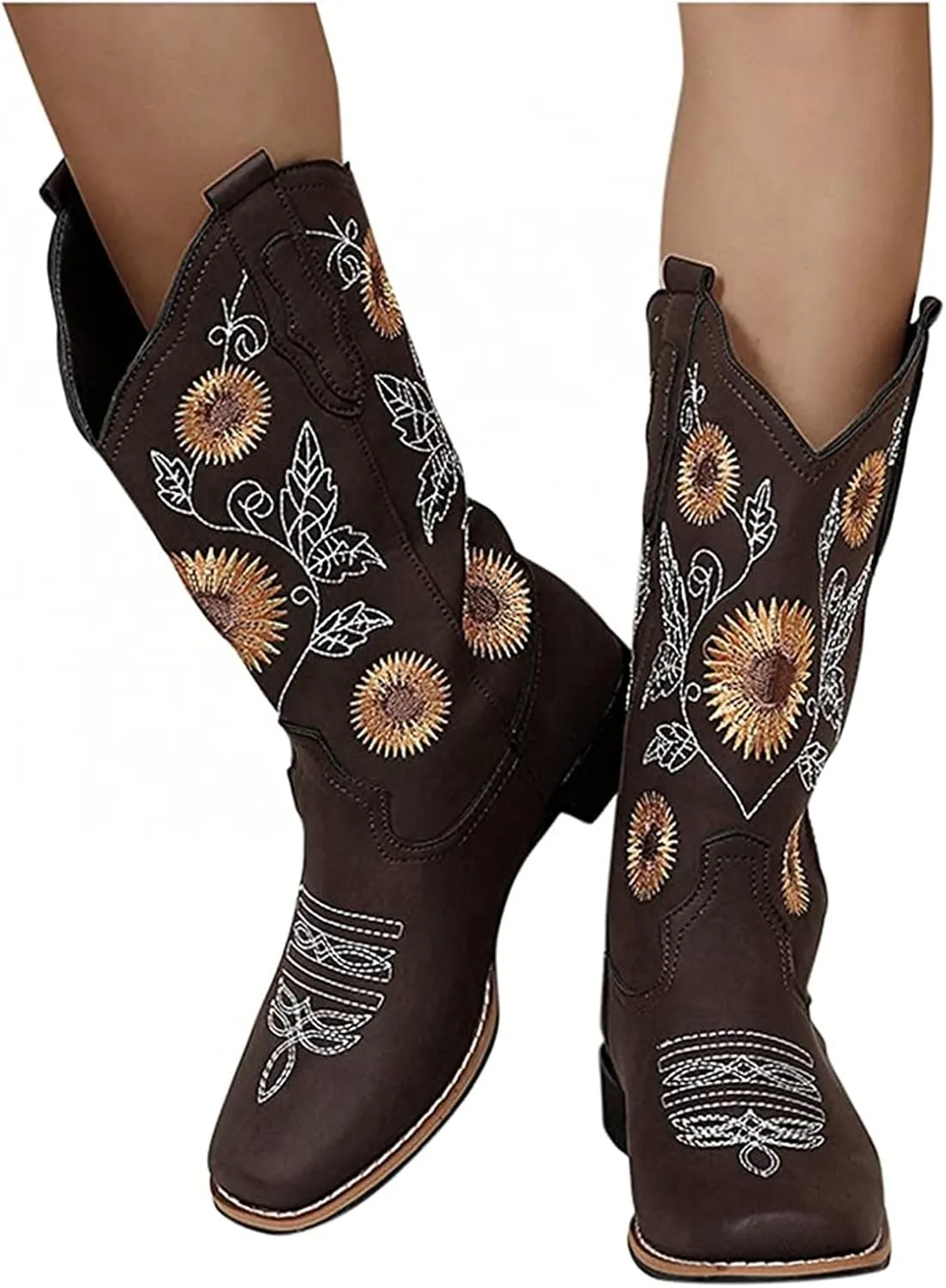Lausiuoe Cowboy Boots For Women Wide Calf Leather Western Cowgirl Boots Knee High Embroidered Fashion Chunky Booties