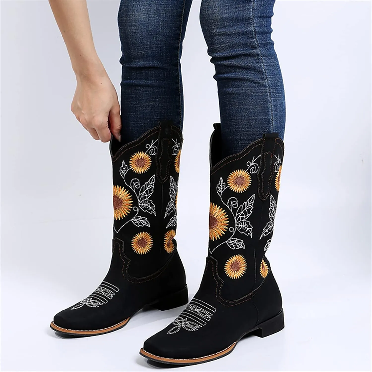 Lausiuoe Cowboy Boots For Women Wide Calf Leather Western Knee High Cowgirl Style Sunflower Embroidered Chunky Booties