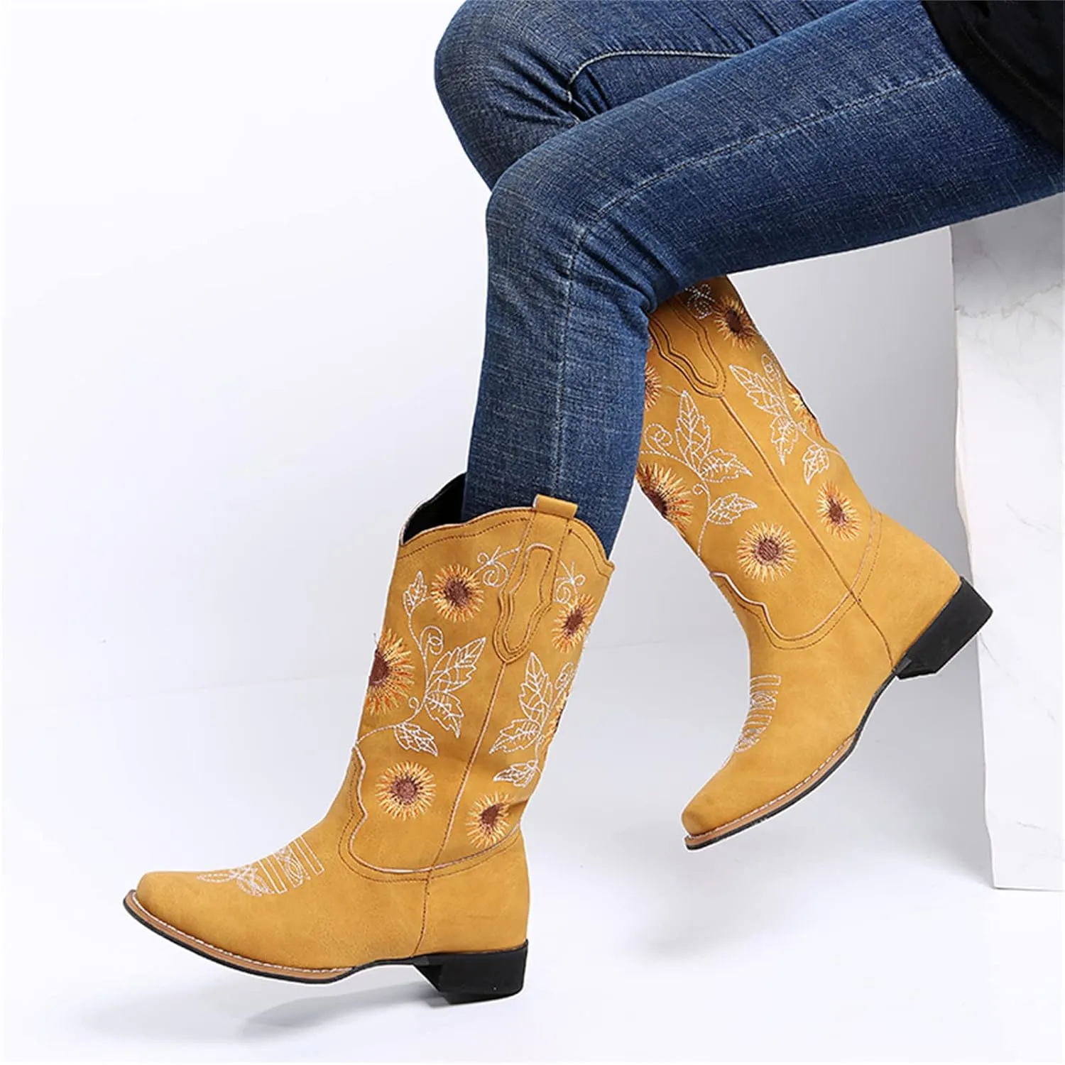 Lausiuoe Cowboy Boots For Women Wide Calf Leather Western Knee High Cowgirl Style Sunflower Embroidered Chunky Booties