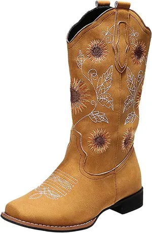 Lausiuoe Cowboy Boots For Women Wide Calf Leather Western Knee High Cowgirl Style Sunflower Embroidered Chunky Booties